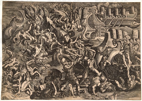 Giovanni Battista Scultori (aka Mantovano, Italian, 1503-1575) ) after Giulio Romano (Italian, probably 1499 - 1546). The Sea Battle, 1538. Engraving.