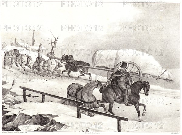 Théodore Géricault (French, 1791 - 1824). Wagoners Driving up a Hill, 1823. Lithograph on white wove paper. Image: 220 mm x 304 mm (8.66 in. x 11.97 in.). Second of five states, before the address of Mme. Hulin removed.