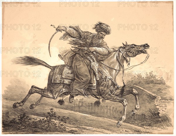 Carle Vernet (aka Antoine Charles Horace Vernet, French, 1758 - 1836). Mohammedan Rider with Sabre and Pistol, early 19th century. Crayon lithograph with hand wash and highlighting on brown wove paper. Image: 383 mm x 490 mm (15.08 in. x 19.29 in.).