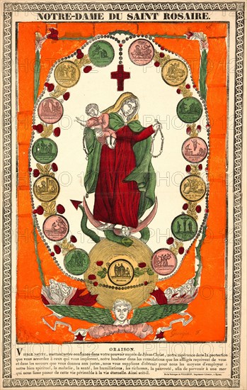 FrancÂ¸ois Georgin (French, 1801 - 1863). Notre Dame du Saint Rosaire, ca. 1875. Woodcut with hand coloring on laid paper. Image: 601 mm x 375 mm (23.66 in. x 14.76 in.) (image dimensions are for block).