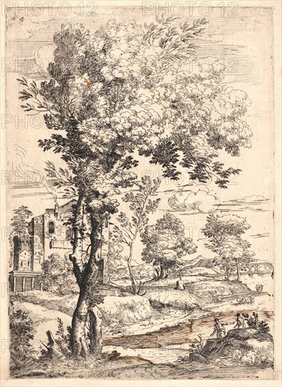 Giovanni Francesco Grimaldi (Italian, 1606 - 1680). Landscape with Two Men near a Knoll, ca. 1660-1680. Etching (with river and bank foreground reinforced with pen and sepia ink) on laid paper. Plate: 260 mm x 186 mm (10.24 in. x 7.32 in.). First of two states, before the name of Carrache.