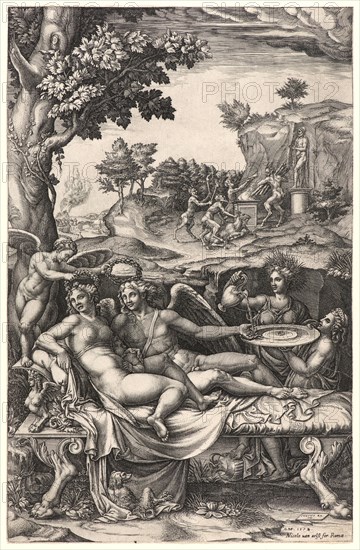 Giorgio Ghisi (Italian, 1520-1582) after Giulio Romano (Italian, probably 1499 - 1546). The Wedding of Cupid and Psyche, ca. 1573-1574. Engraving on laid paper. Plate: 360 mm x 232 mm (14.17 in. x 9.13 in.). Third of four states.
