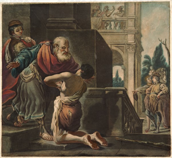 Louis-Charles Gautier-Dagoty (aka Louis Gautier-d'Agoty, French, 1746-after 1787) after Guercino (aka Giovanni Francesco Barbieri, Italian, 1591-1666). Return of the Prodigal Son, ca. 1775-1776. Four-color mezzotint printed in red, blue, and black, with hand coloring on heavy wove paper. Plate: 352 mm x 391 mm (13.86 in. x 15.39 in.). First of two states, without the added inscription plate identifying the artist.