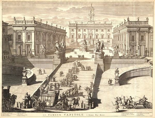 Domenico de Rossi (Italian, active 1691â€ì1720). View of the Capitoline Hill (Le Fameux Capitole Ã  Rome), ca. 1695-1706. Etching and engraving on two joined sheets of laid paper. Plate: 493 mm x 642 mm (19.41 in. x 25.28 in.) (sheet dimensions are for overall dimensions of 2 joined sheets).