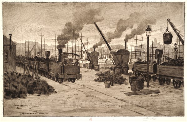 Henri Charles Guérard (French, 1846 - 1897). The Railway Station, Dieppe, 1896. Drypoint, aquatint, and roulette on laid paper. Plate: 298 mm x 475 mm (11.73 in. x 18.7 in.). Sixth of six states, final published state before title.