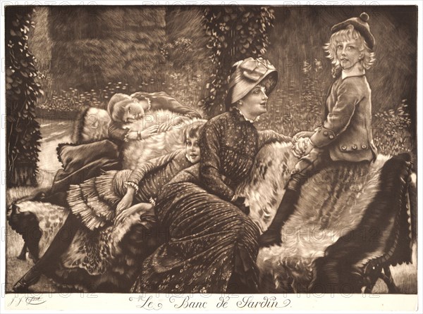 James Tissot (French, 1836 - 1902). The Garden Bench (Le Banc de jardin), 1883. Mezzotint printed in brown-black on chine collé mounted on wove paper. Plate: 415 mm x 563 mm (16.34 in. x 22.17 in.). Second of three states.