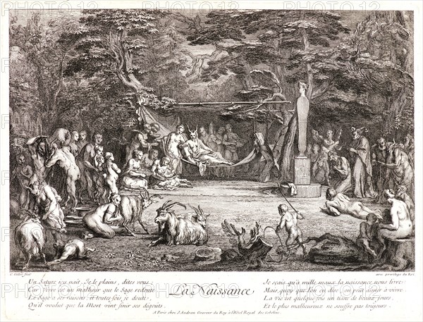Claude Gillot (French, 1673-1722) and Jean Audran (French, 1667-1756). Birth (La Naissance), ca. 1718-1722. From Life of the Satyrs. Etching and engraving on laid paper. Plate: 256 mm x 340 mm (10.08 in. x 13.39 in.). Third of three states.