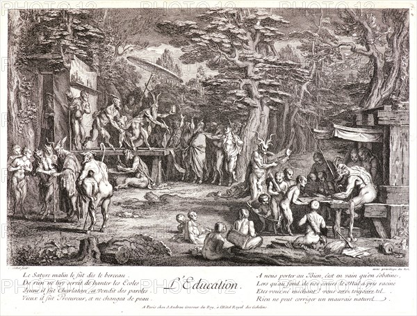 Claude Gillot (French, 1673-1722) and Jean Audran (French, 1667-1756). Birth (La Naissance), ca. 1718-1722. From Life of the Satyrs. Etching and engraving on laid paper. Plate: 256 mm x 342 mm (10.08 in. x 13.46 in.). Third of three states.