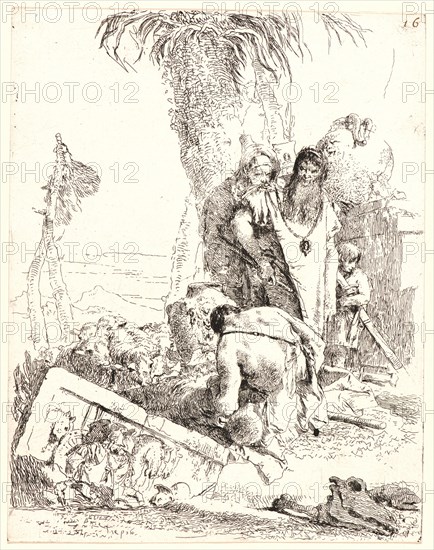 Giovanni Battista Tiepolo (aka Giambattista Tiepolo) (Italian, 1696 - 1770). A Shepherd with Two Magicians, ca. 1735-1740. From Scherzi. Etching on laid paper. Plate: 222 mm x 175 mm (8.74 in. x 6.89 in.). First of two states.