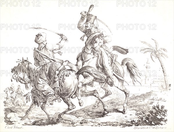 Carle Vernet (aka Antoine Charles Horace Vernet, French, 1758 - 1836). Hussar in a Sabre Battle with a Mameluck (Hussard Sabrant un Mameluck), 1817. Lithograph on wove paper. Sheet: 387 mm x 506 mm (15.24 in. x 19.92 in.) (sheet dimensions are irregular).
