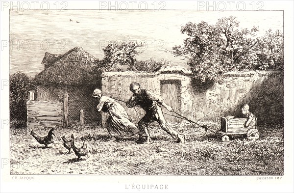 Charles Ãâmile Jacque (French, 1813 - 1894). The Carriage (L'Equipage), 1864. Etching, drypoint, and roulette on grey chine collé. Plate: 140 mm x 209 mm (5.51 in. x 8.23 in.). Third of three states, with letters.