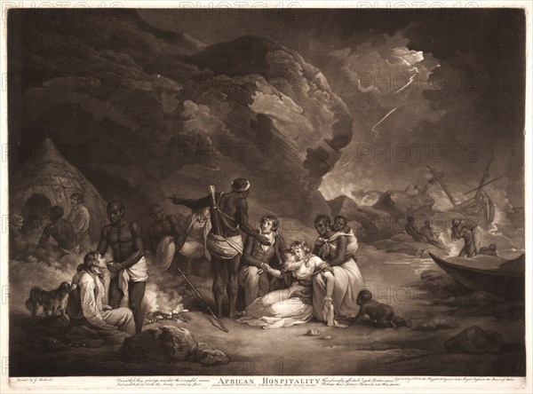 John Raphael Smith (British (English), 1751 - 1812) after George Morland (British (English), 1763 - 1804). African Hospitality, 1791. Mezzotint printed in dark brown on off-white laid paper. Plate: 481 mm x 655 mm (18.94 in. x 25.79 in.).