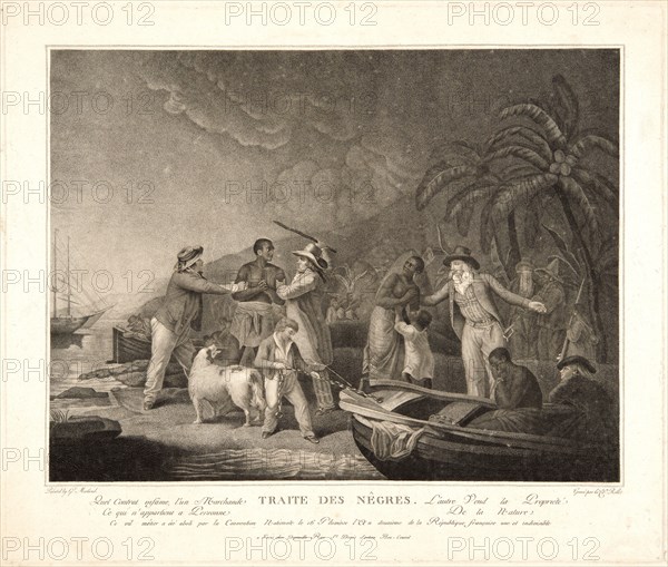 Rollet (French, active late 18th century) after John Raphael Smith after George Morland (British (English), 1763-1804). Slave Trade (Traité des nÃªgres), ca. 1794-1795. Stipple engraving on white laid paper. Plate: 432 mm x 509 mm (17.01 in. x 20.04 in.).