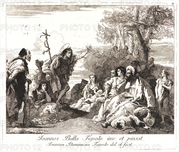 Giovanni Domenico Tiepolo (Italian, 1727-1804) after Giovanni Battista Tiepolo (aka Giambattista Tiepolo, Italian, 1696-1770). Saint John the Baptist Preaching, ca. 1740-1750. Etching on off-white laid European paper. Plate: 240 mm x 285 mm (9.45 in. x 11.22 in.). Third of three states.