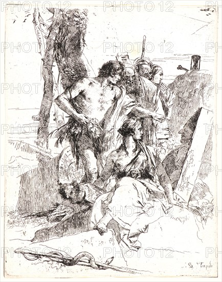 Giovanni Battista Tiepolo (aka Giambattista Tiepolo) (Italian, 1696 - 1770). The Discovery of the Tomb of Punchinello, 1735-1740. From Scherzi di Fantasia. Etching on white laid paper. Plate: 235 mm x 183 mm (9.25 in. x 7.2 in.). First of two states; the plate was numbered â€ú17â€ù in the second state.