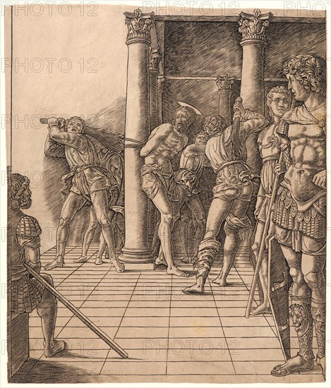 Attributed to Andrea Mantegna (Italian, ca. 1431 - 1506). Flagellation with a Pavement, ca. 1465-1470. Engraving. Sheet: 345 mm x 291 mm (13.58 in. x 11.46 in.). From unfinished plate.