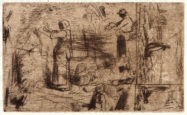 Jean-FranÃ§ois Millet (French, 1814 - 1875). Sketches of Three Subjects, ca. 1847-1848. Etching and roulette in brown ink on laid paper. Plate: 93 mm x 152 mm (3.66 in. x 5.98 in.). Only state.