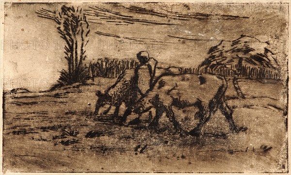 Jean-FranÃ§ois Millet (French, 1814 - 1875). Two Cows (Les Deux Vaches), ca. 1847-1848. Etching printed in brown ink on wove paper. Plate: 91 mm x 153 mm (3.58 in. x 6.02 in.). First of five states.