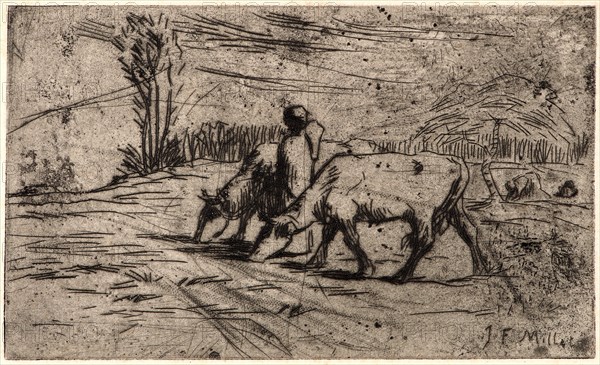 Jean-FranÃ§ois Millet (French, 1814 - 1875). Two Cows (Les Deux Vaches), ca. 1847-1848. Etching and roulette (and drypoint?) on laid paper. Plate: 91 mm x 151 mm (3.58 in. x 5.94 in.). Fourth of five states.