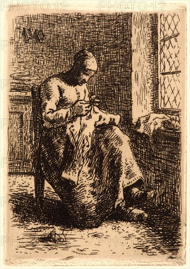 Jean-FranÃ§ois Millet (French, 1814 - 1875). Woman Sewing (La Couseuse), ca. 1855-1856. Etching printed in dark brown ink on laid paper. Plate: 106 mm x 74 mm (4.17 in. x 2.91 in.). Third of three states.