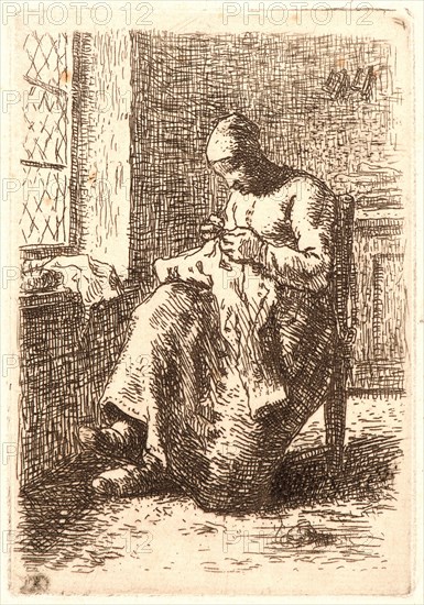 Jean-FranÃ§ois Millet (French, 1814 - 1875). Woman Sewing (La Couseuse), ca. 1855-1856. Counterproof etching printed in dark brown ink on laid paper. Plate: 106 mm x 74 mm (4.17 in. x 2.91 in.). Second of three states, counterproof.