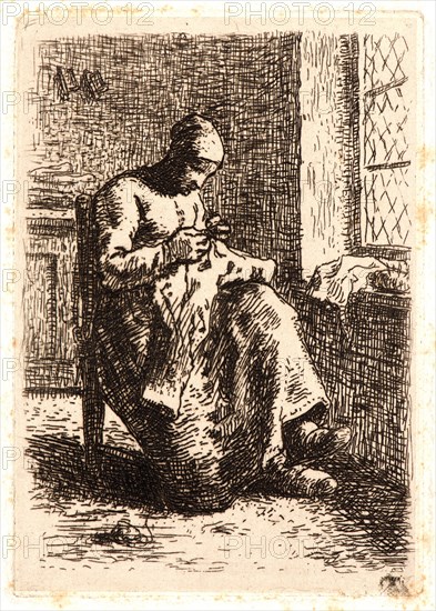 Jean-FranÃ§ois Millet (French, 1814 - 1875). Woman Sewing (La Couseuse), ca. 1855-1856. Etching printed in dark brown ink on chine collé. Plate: 105 mm x 76 mm (4.13 in. x 2.99 in.). Second of three states.
