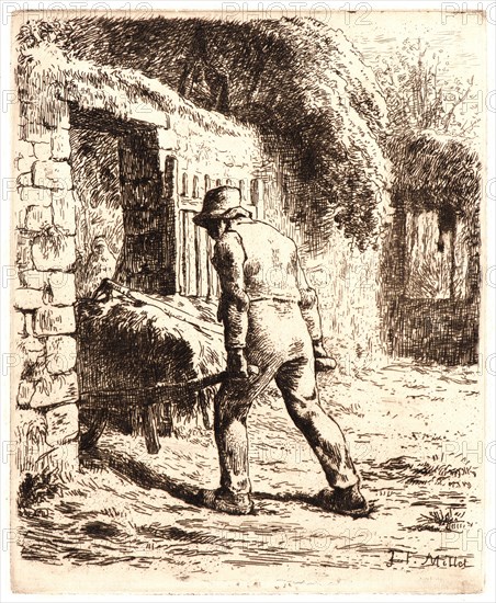 Jean-FranÃ§ois Millet (French, 1814 - 1875). Peasant with a Wheelbarrow (Le Paysan Rentrant du Fermier), ca. 1857-1858. Etching printed in brown ink on chine collé. Plate: 166 mm x 134 mm (6.54 in. x 5.28 in.). First of four states.