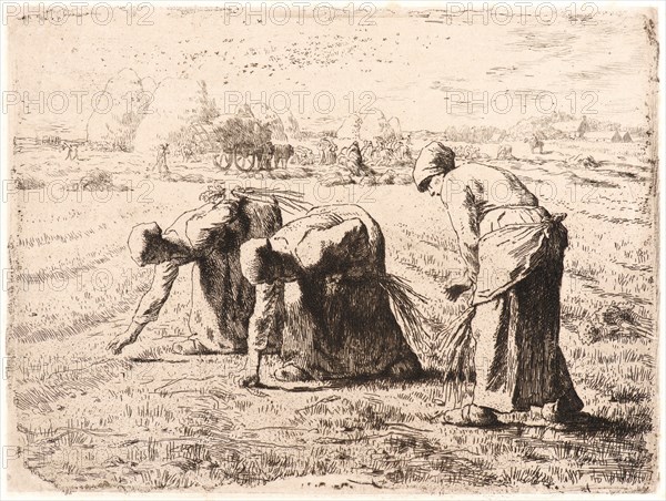Jean-FranÃ§ois Millet (French, 1814 - 1875). The Gleaners (Les Glaneuses), ca. 1855-1856. Etching printed in brown ink on chine collé. Plate: 189 mm x 252 mm (7.44 in. x 9.92 in.). First of two states.