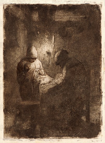 Jean-FranÃ§ois Millet (French, 1814 - 1875). The Watchers (La Veillée), ca. 1855- 1856. Etching printed in brown (with pen?) on laid paper. Plate: 151 mm x 110 mm (5.94 in. x 4.33 in.). First of two states.