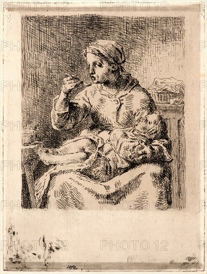 Jean-FranÃ§ois Millet (French, 1814 - 1875). Woman Feeding Her Child (La Bouillie), 1861. Etching printed in brown ink on laid paper. Plate: 210 mm x 158 mm (8.27 in. x 6.22 in.). First of six states.