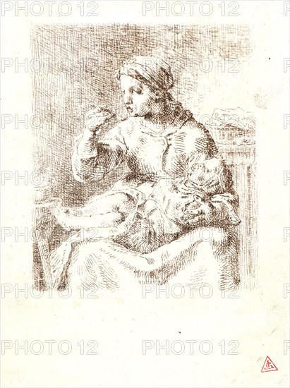 Jean-FranÃ§ois Millet (French, 1814 - 1875). Woman Feeding Her Child (La Bouillie), 1861. Etching printed in brown ink (and printed on verso, a lithograph by Pradier and Ruffent, La Poesie LégÃ¨reâ€î) on wove paper. Plate: 213 mm x 163 mm (8.39 in. x 6.42 in.). Second of six states.