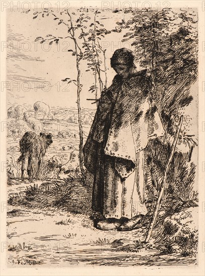 Jean-FranÃ§ois Millet (French, 1814 - 1875). Shepherdess Knitting (La Grande BergÃ¨re), 1862. Etching printed in brown ink on laid paper. Plate: 320 mm x 238 mm (12.6 in. x 9.37 in.). Only state.