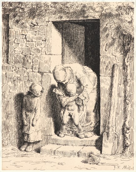 Jean-FranÃ§ois Millet (French, 1814 - 1875). Maternal Precaution (Le précaution maternelle), 1862. Cliché-verre on wove paper mounted on wove paper. Image: 284 mm x 225 mm (11.18 in. x 8.86 in.).