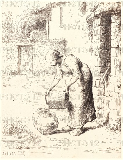 Jean-FranÃ§ois Millet (French, 1814 - 1875). Woman Emptying a Pail (Femme vidant un seau), 1862. Cliché-verre on light-sensitive paper mounted on wove paper. Image: 283 mm x 216 mm (11.14 in. x 8.5 in.).