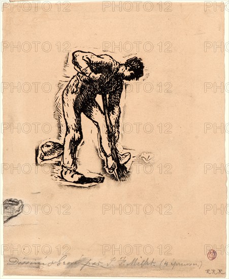 Jean-FranÃ§ois Millet (French, 1814 - 1875). Peasant Digging (BÃªcheur au travail), 1863. Woodcut with pencil study of a hand at lower left (on verso: fragment of study of a child's head in red crayon; head of a dog in pencil, lower right; Xs in green paint across center) on wove paper. Image: 102 mm x 84 mm (4.02 in. x 3.31 in.). Undescribed state, between Melot's first and second states.