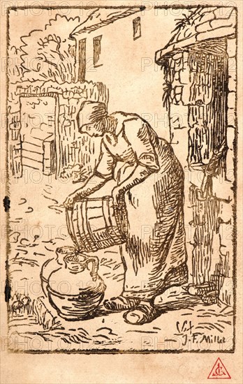 Jean-FranÃ§ois Millet (French, 1814 - 1875). Woman Filling Water Cans (Femme vidant un seau), 1874. Woodcut printed in brown on heavy wove paper. Image: 145 mm x 95 mm (5.71 in. x 3.74 in.). Only state.