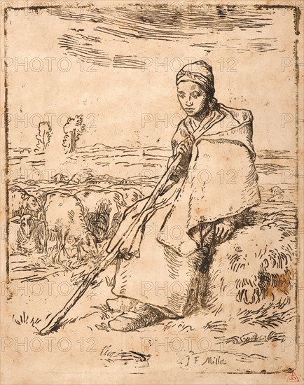 Jean-Baptiste Millet (French, 1831 - 1906) after Jean-FranÃ§ois Millet (French, 1814 - 1875). Seated Shepherdess (La grande BergÃ¨re assise). Woodcut printed in brown on laid paper. Image: 273 mm x 220 mm (10.75 in. x 8.66 in.). Second of two states.