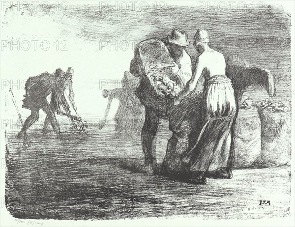 Jean-FranÃ§ois Millet (French, 1814 - 1875). Potato Gatherers, 19th century (published 1920s). Lithograph on light blue wove paper. Image: 236 mm x 316 mm (9.29 in. x 12.44 in.).