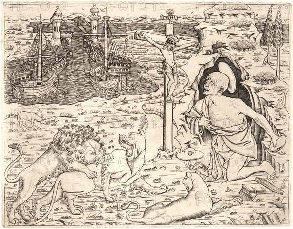 Anonymous (Italian). St. Jerome in Penitence, with Two Ships in a Harbor, ca. 1460- 1480 (restrike printed ca. 1812). Engraving on wove paper. Plate: 218 mm x 282 mm (8.58 in. x 11.1 in.).