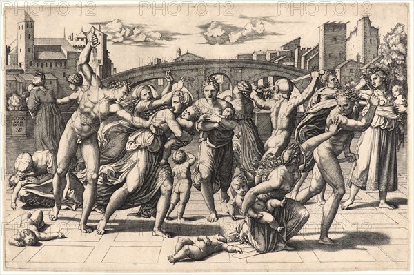 Marcantonio Raimondi (Italian, ca. 1470/1482 - 1527/1534) after Raphael (Italian, 1483 - 1520). Massacre of the Innocents, 1511. Engraving on laid paper. Plate: 280 mm x 425 mm (11.02 in. x 16.73 in.). Second of three states.