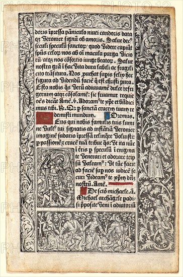 Philippe Pigouchet (French, active 1488â€ì1515). St. Michel [?] (Encadrement Ã  la chose), ca. 1498. From Book of Hours of Roman Use (Heures a l'usage de Rome). Metal cut on vellum.