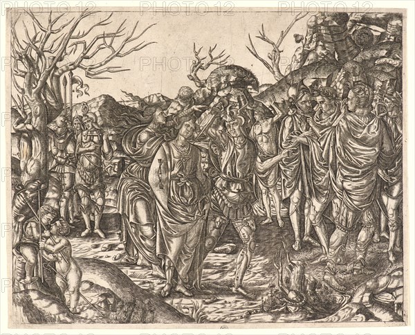 Anonymous (Italian). Death of Virginia, ca. 1500-1510. Engraving on laid paper. Plate: 235 mm x 295 mm (9.25 in. x 11.61 in.) (sheet height is irregular, 243 mm. at left and 240 mm. at right; plate height is irregular, 235 mm. at left and 233 mm. at right).