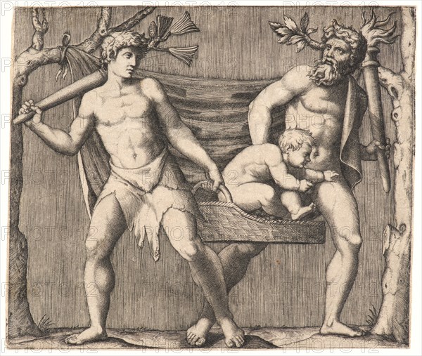 Marcantonio Raimondi (Italian, ca. 1470/1482 - 1527/1534). Two Fauns Carrying a Child, probably after a sarcophagus, ca. 1513-1515. Engraving on laid paper. Plate: 155 mm x 183 mm (6.1 in. x 7.2 in.).