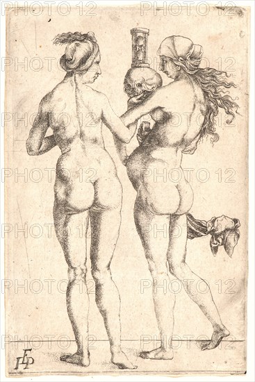 Giulio Campagnola (Italian, 1482-1515) after Ludwig Krug (German, 1490 - 1532). Allegory of Birth and Death: Two Naked Women with Skull and Hourglass, early 16th century. Engraving. Third state.
