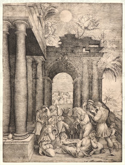 Master H. F. E. (aka Monogrammist HE) (Italian, 1486 - 1551). Adoration of the Shepherds, before 1551. Etching. Plate: 340 mm x 228 mm (13.39 in. x 8.98 in.).