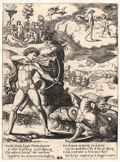 Master of the Die (Italian, born ca. 1512, active 1532/1533) after Giulio Romano (Italian, probably 1499 - 1546). Apollo Killing the Python, 16th century. From L'Histoire d'Apollon et de Daphne. Engraving.