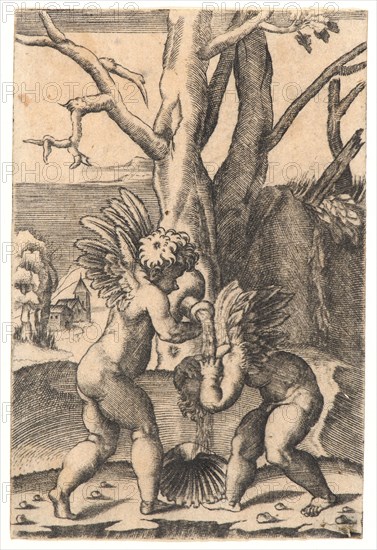 Agostino Musi (aka Agostino Veneziano, Italian, ca. 1490 - after 1536) after Raphael (Italian, 1483 - 1520). Two Cupids, 16th century. Engraving on laid paper. Plate: 125 mm x 84 mm (4.92 in. x 3.31 in.).