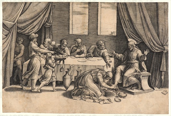 Marcantonio Raimondi (Italian, ca. 1470/1482 - 1527/1534) after Raphael (Italian, 1483 - 1520). Christ in the House of Simon, the Pharisee, 1520- 1524. Engraving on laid paper. Plate: 232 mm x 345 mm (9.13 in. x 13.58 in.). First of three states.