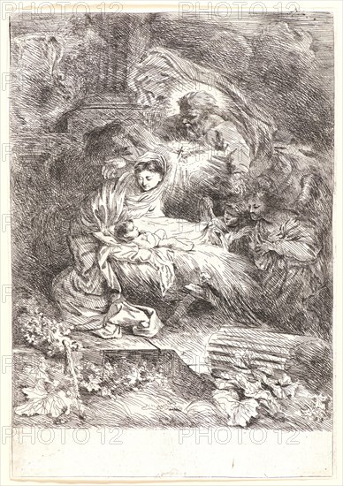 Giovanni Benedetto Castiglione (Italian, 1609 - 1664). God the Father and the Holy Spirit, Watching over the Newborn Child (Dieu le pÃ¨re considérant son fils, nouvellement né), ca. 1645. Etching.