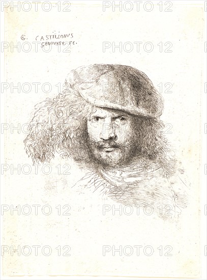 Giovanni Benedetto Castiglione (Italian, 1609 - 1664). Head of a Man Wearing a Bonnet with a Large Plume (with Flat Cap and Feather), ca. 1648-1650. Etching.